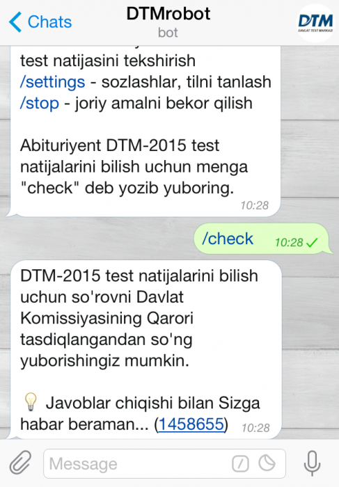 Telegram`даги @DTMrobot хизматидан скриншот
